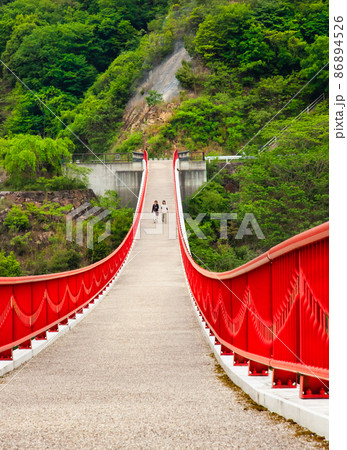 八田原ダムに架かる夢吊橋の風景です。自然と調和したとてもきれいな橋です。広島県 86894526