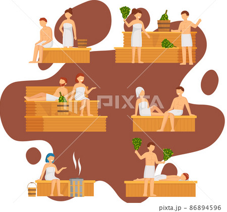 Sauna and steam room. Set of people in sauna. People relax and steam with birch brooms in banya 86894596