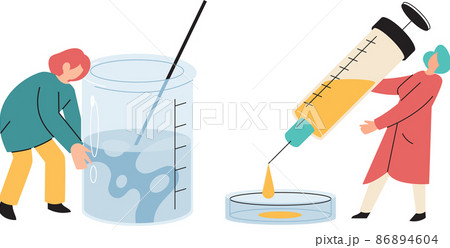 Antivirus vaccine. Scientists conducting scientific researches team of laboratory assistants with test tubes scenes set 86894604