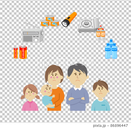 防災グッズに悩む家族のイラストイメージ 防災グッズに悩む家族のイラストイメージ 86896447
