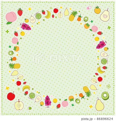 果物のフレーム 円形 1 背景 ドット柄 パステルグリーン 3 ステッチ 86896624