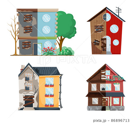 Home renovation, old house before and after repair. New and old suburban cottage. Remodel building 86896713