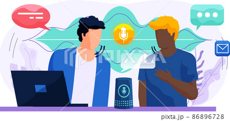 Voice assistant. Smart speaker virtual assistant, sound robot, people using voice controlled smart speaker 86896728