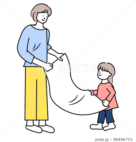 母親と子供がシーツを畳んでいるイラスト素材 母親と子供がシーツを畳んでいるイラスト素材 86896753