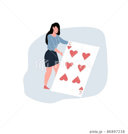 Flat cartoon woman character with playing card,new business and successful startup metaphor vector illustration concept Flat cartoon woman character with playing card,new business and successful startup metaphor vector illustration concept 86897238