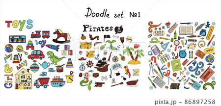 Vector doodle pirate, toys, school supples sets. A map with a hand-drawn sketch of a mermaid ship and pirate items. Template for children s postcards. Map of treasure island. Hand draw collection of 86897258