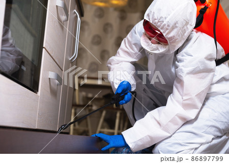 An exterminator in work clothes sprays pesticides with a spray gun. Fight against insects in apartments and houses. Disinsection of the premises 86897799