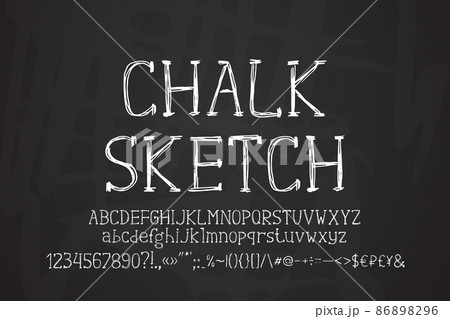 Sketch white serif font on dark blackboard background. Original hand-drawn uppercase and lowercase letters, numbers 86898296