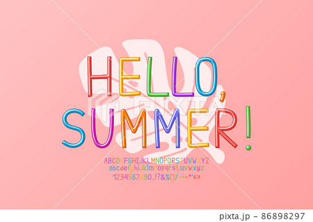 Bright summer greeting card Hello Summer with tropical leaf on pink background and multicolored font 86898297