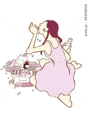 パーソナリティ障害 散乱する錠剤の中で大量服薬する女性のイラスト シンプルのイラスト素材