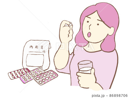 抗うつ薬をコップの水で内服するうつ病の女性のイラスト　シンプル 86898706