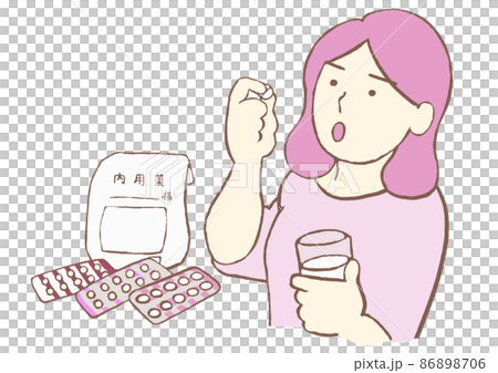 抗うつ薬をコップの水で内服するうつ病の女性のイラスト　シンプル 86898706