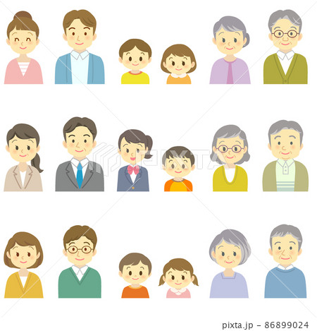 イラスト素材セット:笑顔で正面を向いた3組の3世代家族(バストアップ/主線なし) イラスト素材セット:笑顔で正面を向いた3組の3世代家族(バストアップ/主線なし) 86899024