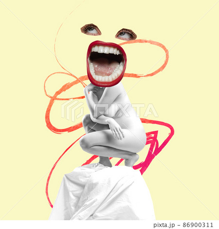Creative design. contemporary art collage with tender woman in transparent cloth sitting. Giant female mouth and eyes elements 86900311