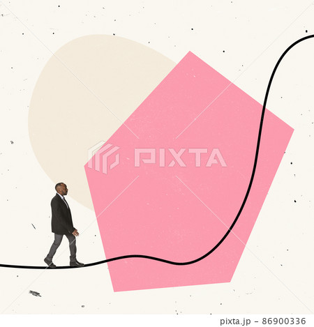Creative design. Businessman, manager walking on line going upwards symbolizing way to success Creative design. Businessman, manager walking on line going upwards symbolizing way to success 86900336