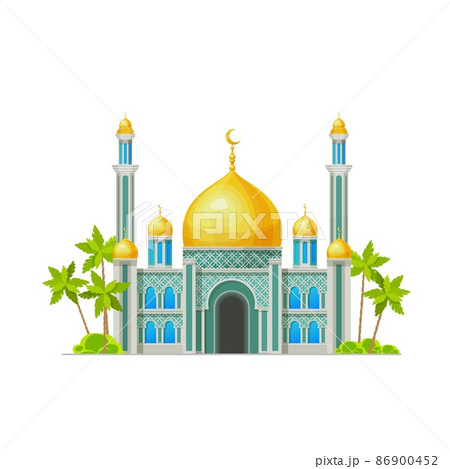 Muslim mosque building vector icon of Islam religion prayer house. Arab religious architecture isolated cartoon mosque, temple or masjid with minarets, gold domes and crescents, palm trees and lawn Muslim mosque building vector icon of Islam religion prayer house. Arab religious architecture isolated cartoon mosque, temple or masjid with minarets, gold domes and crescents, palm trees and lawn 86900452