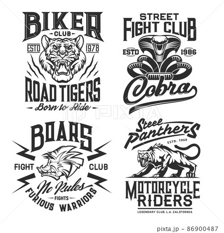 Biker club, motorcycle races, and street fighting t-shirt prints, vector. Motors sport, bike riders club and fighter sport mascots of tiger, panther and cobra with wild boar for t shirt 86900487