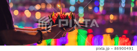Loy Krathong festival, People buy flowers and candle to light and float on water to celebrate the Loy Krathong festival in Thailand BANNER, LONG FORMAT Loy Krathong festival, People buy flowers and candle to light and float on water to celebrate the Loy Krathong festival in Thailand BANNER, LONG FORMAT 86900491