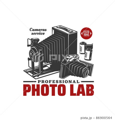 Photo lab icon or photography studio emblem with retro camera, vector. Photographer service or professional photo laboratory sign with vintage lens camera lens and film reels 86900564