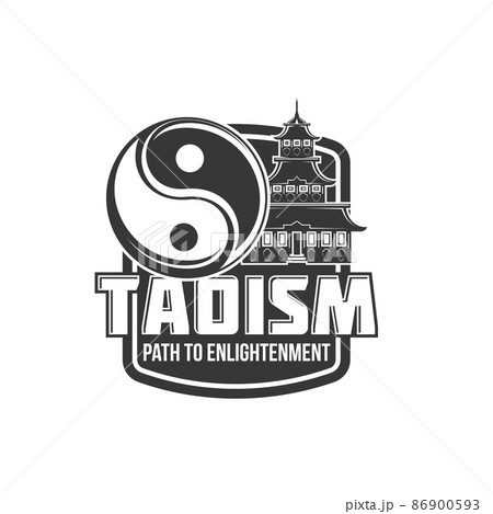 Taoism religion icon of temple pagoda and Yin Yang sign vector Chinese Daoism shrine. Tao or Dao and Daoshi Buddhism religious worship and path to enlightenment, Buddhist temple shrine and yinyan 86900593