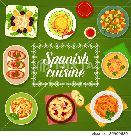 Spanish cuisine restaurant menu cover with vector frame of vegetable, meat, fish and seafood dishes. Pepper tapas, sardine toast, tuna, egg and olive salad, shrimp soup and eggplant escalivada 86900686