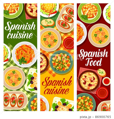 Spanish cuisine food dishes vector banners of vegetable tapas, fish salad and pork meat sausage stew. Seafood shrimp soup, sardine toast pinchos and eggplant escalivada, Mediterranean restaurant menu Spanish cuisine food dishes vector banners of vegetable tapas, fish salad and pork meat sausage stew. Seafood shrimp soup, sardine toast pinchos and eggplant escalivada, Mediterranean restaurant menu 86900765