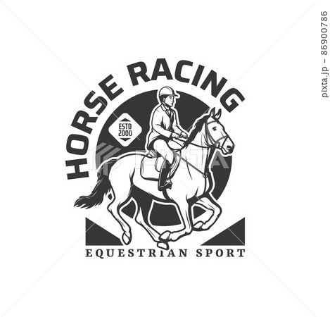 Horse racing sport icon, equestrian riding or steeplechase races tournament vector emblem. Polo jockey on horse for equine rides or hippodrome, premium equestrian sport club symbol 86900786