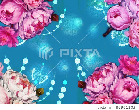 薔薇、芍薬、牡丹のボタニカルブーケと螺鈿模様の壁紙イラスト 86901103