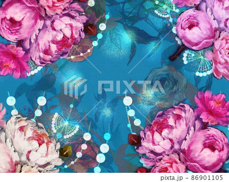 薔薇、芍薬、牡丹のボタニカルブーケと螺鈿模様の壁紙イラスト 86901105