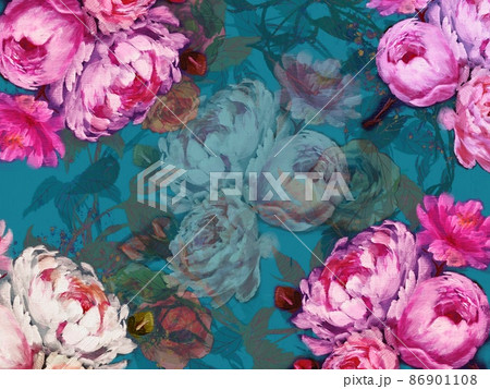 薔薇、芍薬、牡丹のボタニカルブーケと螺鈿模様の壁紙イラスト 86901108