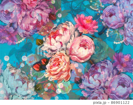 薔薇、芍薬、牡丹のボタニカルブーケと螺鈿模様の壁紙イラスト 86901122