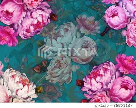 薔薇、芍薬、牡丹のボタニカルブーケと螺鈿模様の壁紙イラスト 86901137