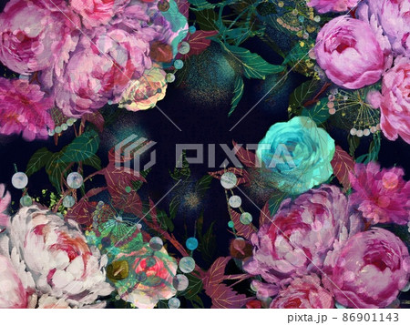薔薇 芍薬 牡丹のボタニカルブーケと螺鈿模様の壁紙イラストのイラスト素材