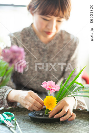 いけばなを楽しむ女性 86901320