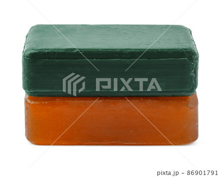Beige and green soap bars on white background Beige and green soap bars on white background 86901791