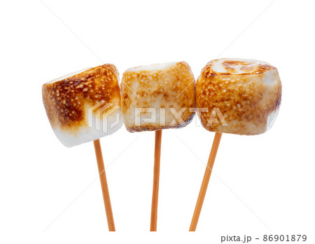Grilled marshmallows on sticks isolated on white Grilled marshmallows on sticks isolated on white 86901879