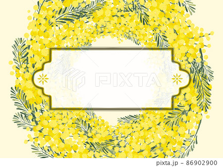 ミモザアカシアのリース 背景素材 花柄 手書きイラスト 春のイメージ レトロ 北欧デザインのイラスト素材