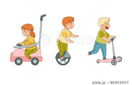 Little Boy and Girl Driving Car and Kick Scooter Enjoying Outdoor Activity Vector Illustration Set Little Boy and Girl Driving Car and Kick Scooter Enjoying Outdoor Activity Vector Illustration Set 86903047