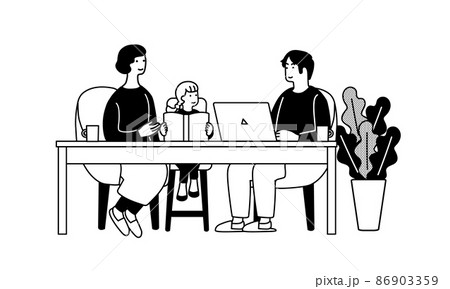 パソコンをする男性と本を読む母子のイラスト　在宅で仕事をする風景 86903359