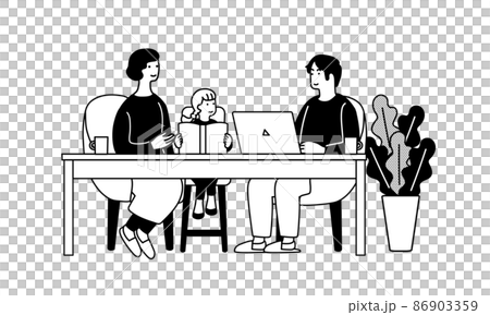 パソコンをする男性と本を読む母子のイラスト　在宅で仕事をする風景 86903359