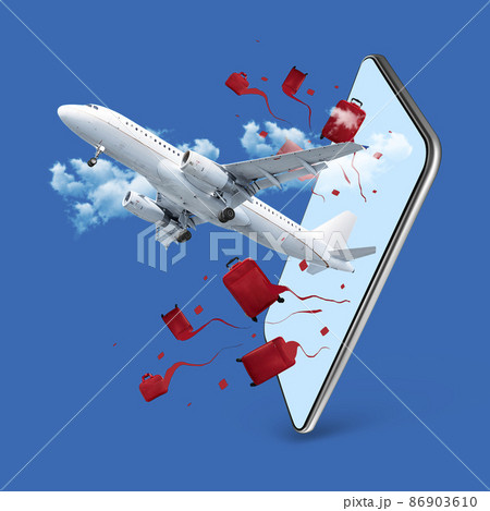 On vacation. Big plane, aircraft flies out of phone screen on blue sky background with clouds. Modern design. Contemporary art collage. Travel, ads, tech On vacation. Big plane, aircraft flies out of phone screen on blue sky background with clouds. Modern design. Contemporary art collage. Travel, ads, tech 86903610
