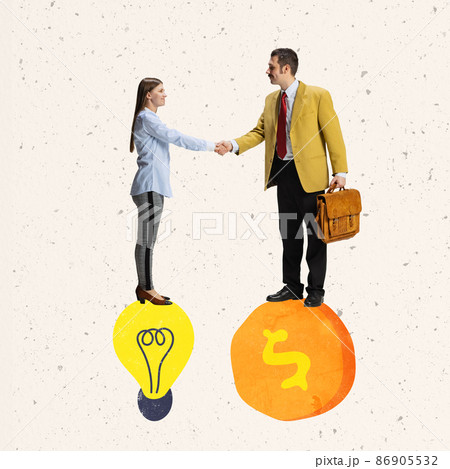 Creative design. Businessman, investor shaking hands with employee symbolizing profitable business deal 86905532