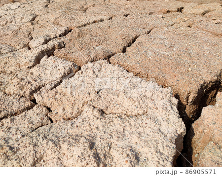 The muddy ground that previously contained water has cracked due to hot weather and drought. All the water content has been evaporated by heat The muddy ground that previously contained water has cracked due to hot weather and drought. All the water content has been evaporated by heat 86905571