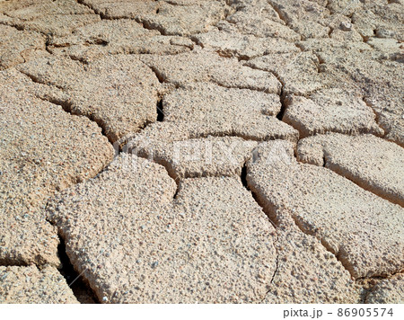 The muddy ground that previously contained water has cracked due to hot weather and drought. All the water content has been evaporated by heat 86905574