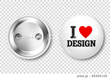 Realistic white and black badges with text and red heart. I love design. 3D glossy round button. Pin 86906106