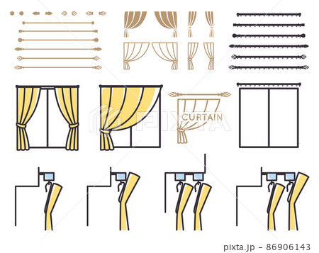 カーテンとレールの説明に使えそうなイラスト素材セットのイラスト素材