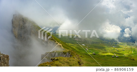 Panorama view Dolomites mountains from Seceda over Odle Puez 86906159