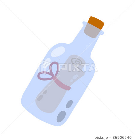 Message in bottle. Letter and pirate note. Blue glass. Cartoon illustration isolated on white Message in bottle. Letter and pirate note. Blue glass. Cartoon illustration isolated on white 86906540