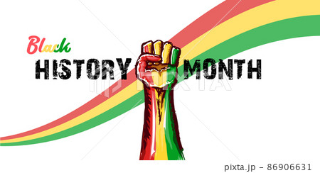 Black history month horizontal banner with protest raised fist colored in African flag isolated on white background. Black history month horizontal poster, flyer with black mans fist Black history month horizontal banner with protest raised fist colored in African flag isolated on white background. Black history month horizontal poster, flyer with black mans fist 86906631