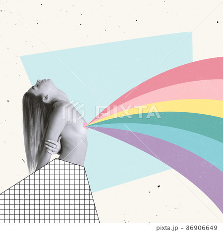 Beautiful woman and rainbow isolated on light background. Contemporary art collage. Concept of human relation, community, diversity, symbolism, surrealism. 86906649
